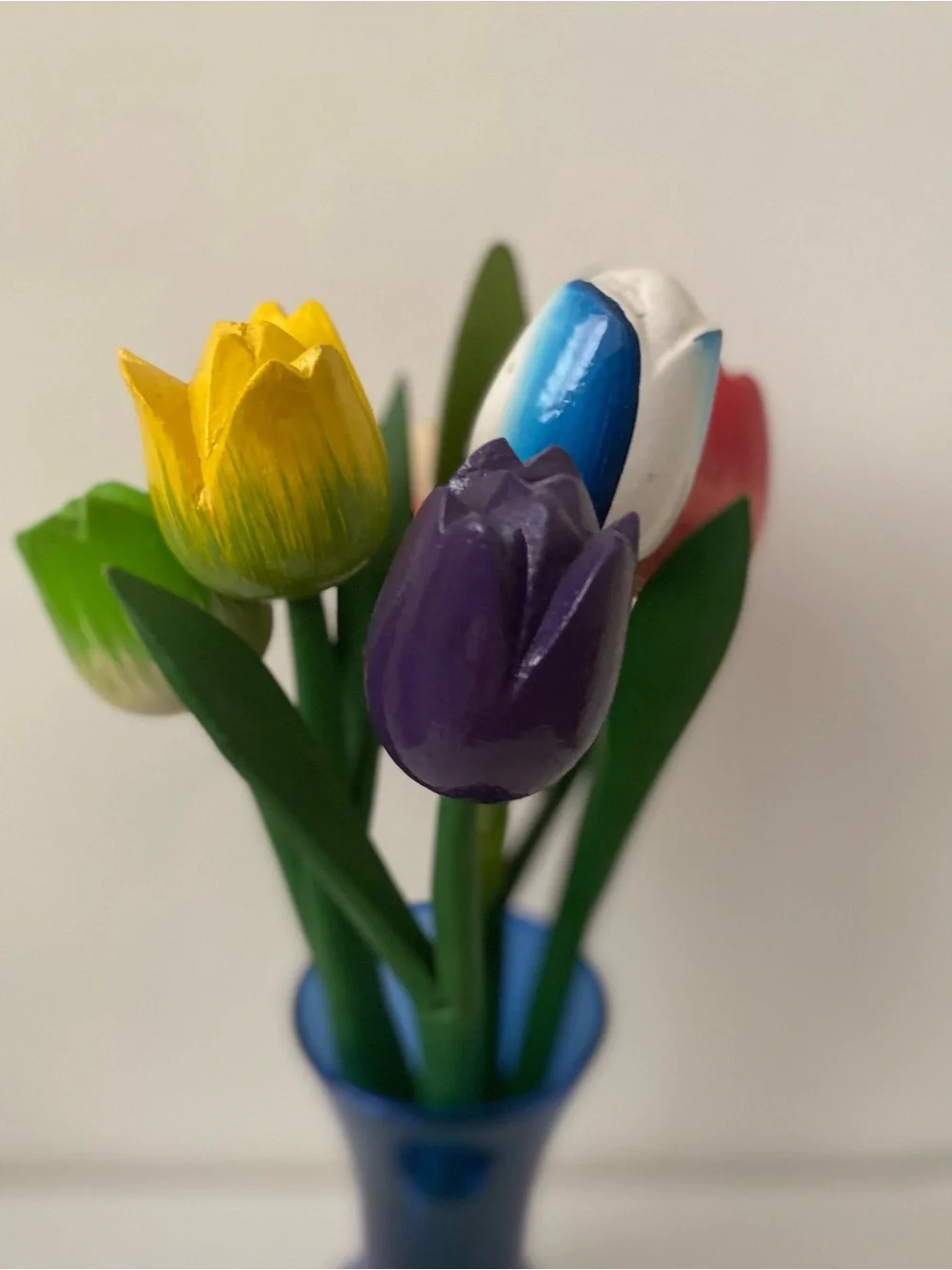 Handcrafted Multicolor Wooden Tulip Bouquet in Blue Glass Vase - Unbranded